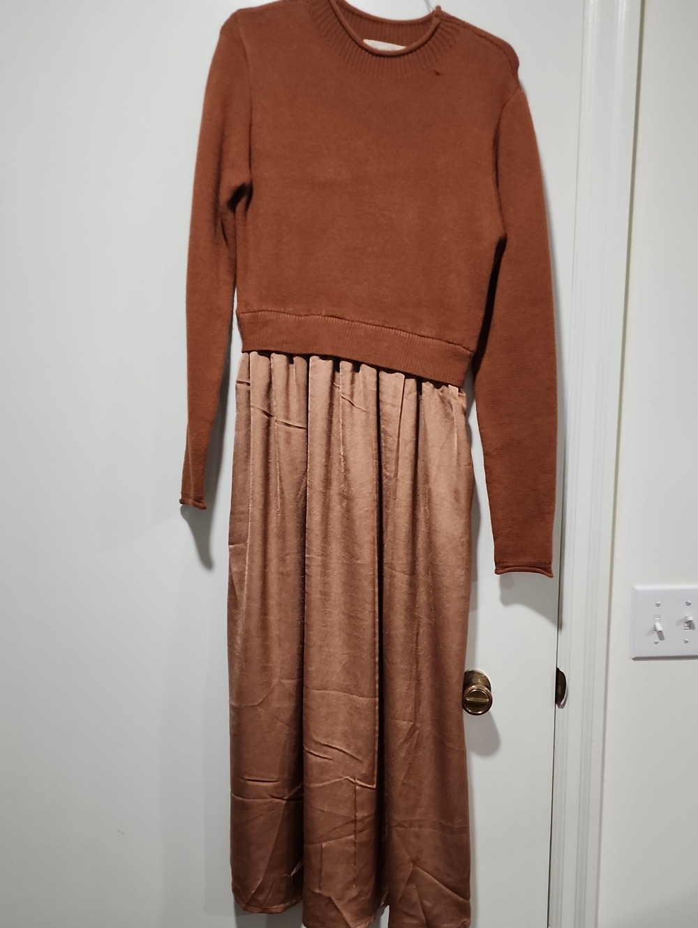 Rust Knit Crop Top with Champagne Satin Skirt Two-Piece Set